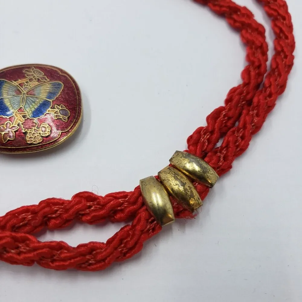 Vintage Cloisonne Butterfly Belt Red Braided Cord Passamenterie Sash Adjustable